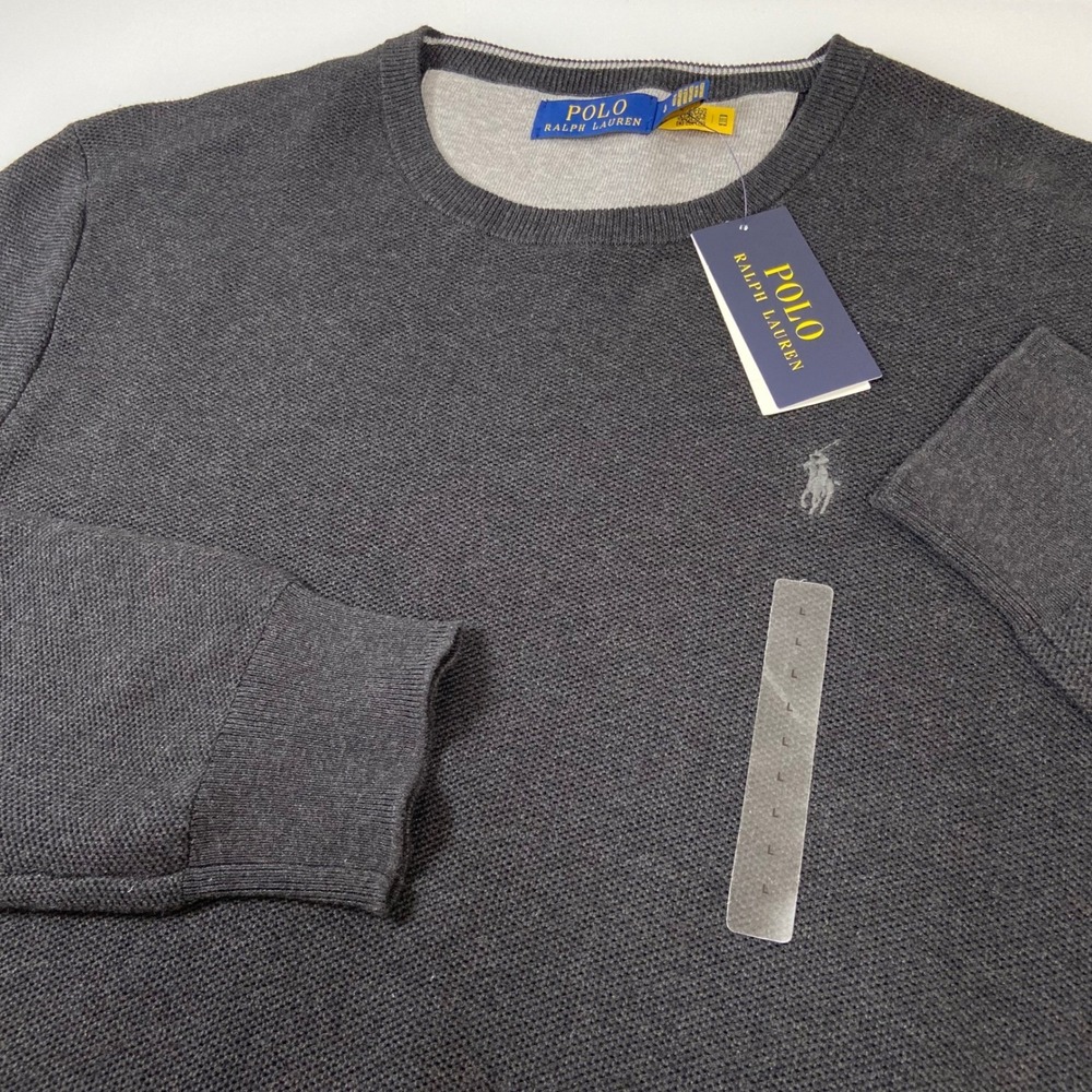 Polo Ralph Lauren Mens Size XL Crew Neck Sweater Dark Gray Knit Waffle Logo NEW